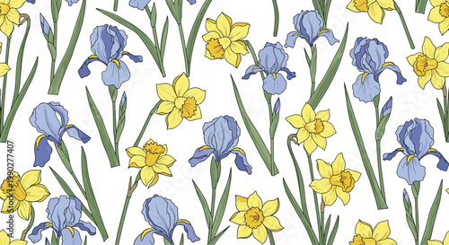 Seamless botanical pattern shows hand drawn yellow narcissus and blue iris flowers with long green leaves on a plain white background.