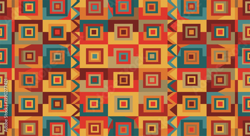 Seamless tribal pattern features a vibrant geometric design with nested squares and zigzags in warm earth tones of red, yellow, and brown.
