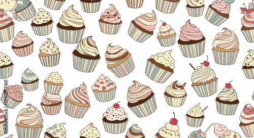 Adorable seamless pattern features a variety of hand drawn colorful cupcakes with different frostings and toppings on a white background.