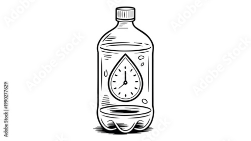 A hand-drawn illustration depicts a clear plastic water bottle with a label featuring a clock inside a water droplet, symbolizing hydration and time.