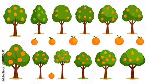 Collection of cartoon orange trees with fruits and scattered oranges.