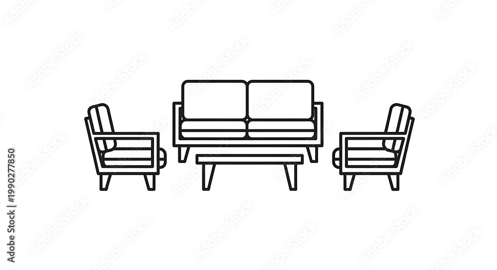 Fototapeta premium A minimalist line drawing of a modern living room set with a sofa and two chairs