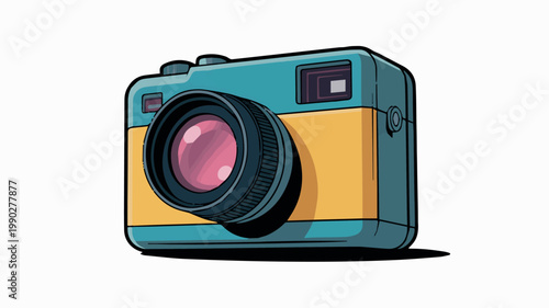 A vibrant, retro-style digital illustration showcases a compact, vintage-inspired camera with a prominent pink lens and dual-tone yellow and teal body.