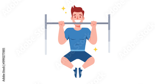 Athletic young man in blue sportswear is performing pull ups on a horizontal bar during his outdoor fitness training session.