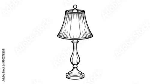 An elegant, hand-drawn illustration of a classic table lamp with a bell-shaped lampshade and a decorative base, rendered in black and white.