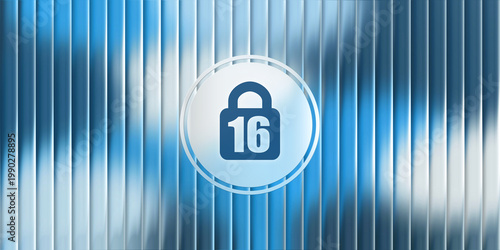 Abstract age restriction symbol with number 16 inside a glowing glass bubble icon on a blue abstract vertical metallic texture background.