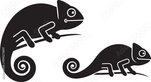 Black chameleon icons, chameleon silhouettes, vector reptiles, animal graphics