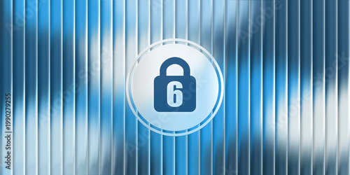 Abstract security concept with a padlock icon containing the number six on a blue ribbed metal background