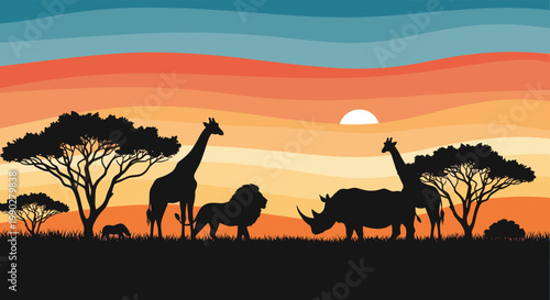 Stunning African savanna silhouette at sunset featuring giraffes, a lion, a rhinoceros, and an elephant among acacia trees.