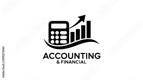 A sleek black and white logo icon displays a calculator alongside an upward-trending bar chart, symbolizing growth in accounting and financial services.