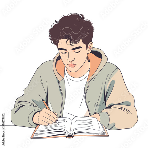 Young Man Studying and Writing in Book, Focused Student Learning, Education Concept