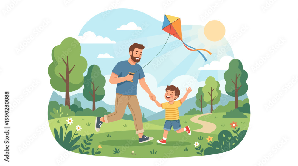 Fototapeta premium Illustration of a happy father and child flying a kite together in a green park on a sunny day with a colorful kite soaring overhead, symbolizing paternal love and family bonding.
