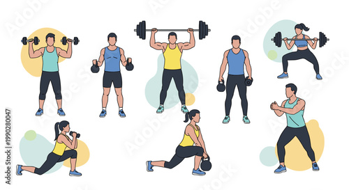 Group of men and women performing various strength training exercises with dumbbells, kettlebells, and barbells to maintain a healthy and fit lifestyle.