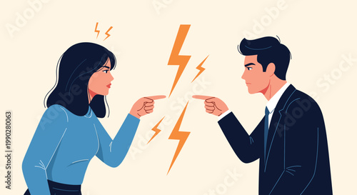 Intense argument between a man and a woman in business attire with lightning bolt symbols representing conflict, anger, and professional disagreement.