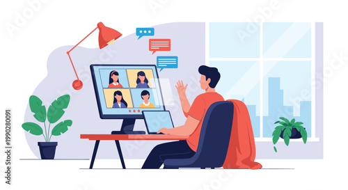 Young man working from home while participating in a video conference call with colleagues on a desktop computer during a remote meeting.