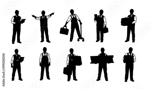 Professional worker silhouettes vector collection with dynamic labor and construction poses