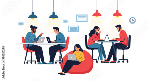 Modern coworking space where young professionals work on laptops, collaborate at tables, and relax in bean bags under warm industrial lighting.