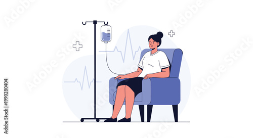 Patient woman sitting comfortably in a medical chair while receiving intravenous IV therapy for health recovery and wellness in a clinical setting.