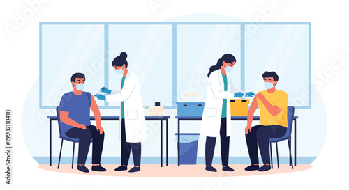 Medical professionals in white coats and masks administering vaccines to patients in a clean and safe clinical environment for public health.