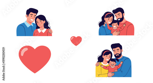 Heartwarming illustrations of happy young families with small children and red heart symbols expressing love, care, and the joy of parenthood together.