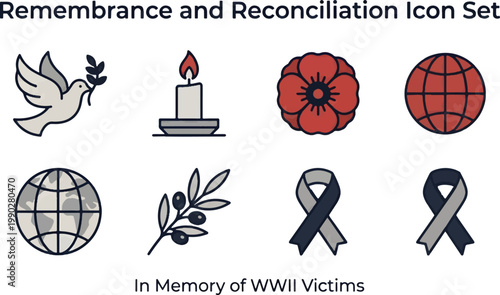 A set of eight remembrance and reconciliation icons including a dove, candle, poppy, globes, olive branches, and memorial ribbons, dedicated to WWII victims.