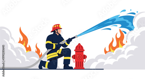 Brave firefighter in full protective uniform and helmet using a high-pressure hose to extinguish large flames near a red fire hydrant during an emergency.