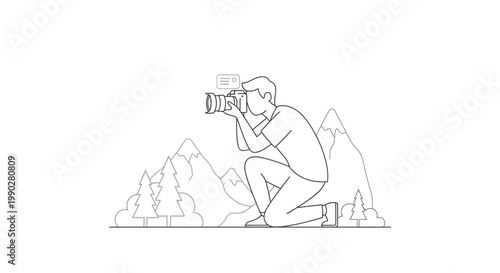 Line drawing of a photographer crouching to take a picture with a camera in a scenic outdoor setting with mountains and trees.