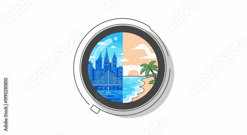 Graphic illustration of a cityscape through a porthole with a tropical beach background.