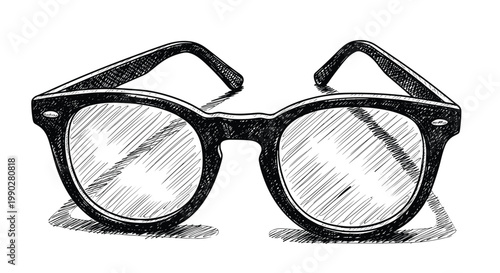 Detailed black and white sketch of classic wayfarer style eyeglasses with thick frames and visible lens reflections.