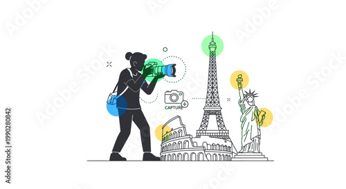Illustration of a traveler with a camera and backpack standing in front of the Eiffel Tower and Statue of Liberty with various travel-related icons floating around conveying a sense of