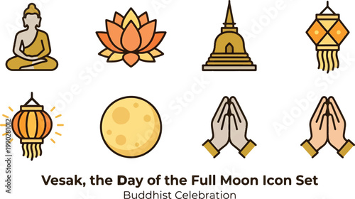 Vesak Day icon set featuring Buddha, lotus flower, temple, lantern, and praying hands representing Buddhist celebration and spiritual traditions.
