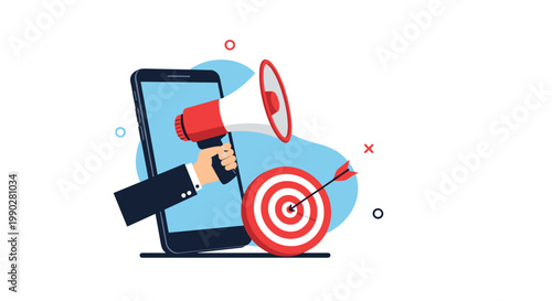 Hand emerging from a smartphone screen holding a megaphone next to a target with an arrow for digital marketing concepts.