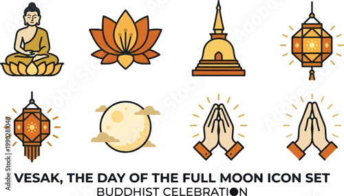 Vesak Day icon set featuring Buddha, lotus flower, temple, lantern, and praying hands representing Buddhist celebration and spiritual traditions.
