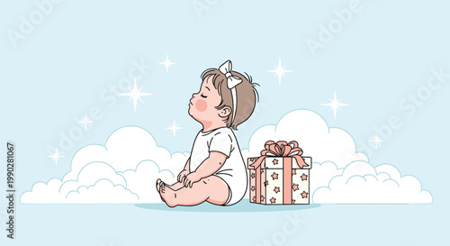 Adorable baby girl sitting next to a wrapped gift box in a magical setting with soft clouds and sparkling stars.