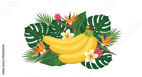 Cluster of three ripe yellow bananas arranged with lush tropical green leaves and vibrant exotic flowers on a white background.
