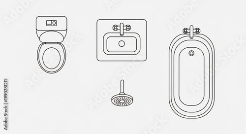 Top view line drawing of bathroom fixtures including toilet sink and bathtub.