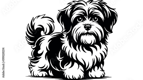 A charming black and white vector illustration captures a fluffy Maltese dog standing alertly, showcasing its characteristic long, silky hair and expressive eyes.