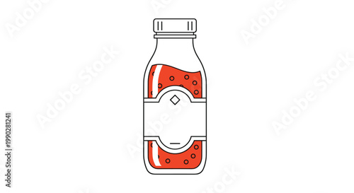 Clean line art icon of a bottle filled with a red bubbly liquid and a white label against a plain white background.