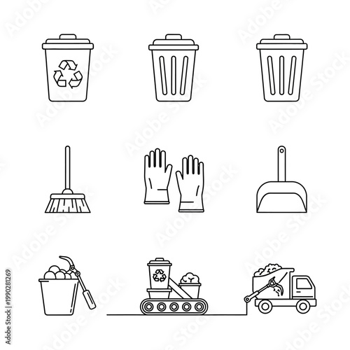 Recycling and waste management line art icons collection for environmental concepts