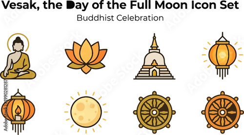 Vesak Day icon set featuring Buddha, lotus flower, temple, lantern, and praying hands representing Buddhist celebration and spiritual traditions.
