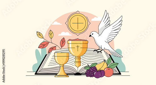Composition of religious items including an open bible, golden chalice, host, white dove, and various autumn fruits.