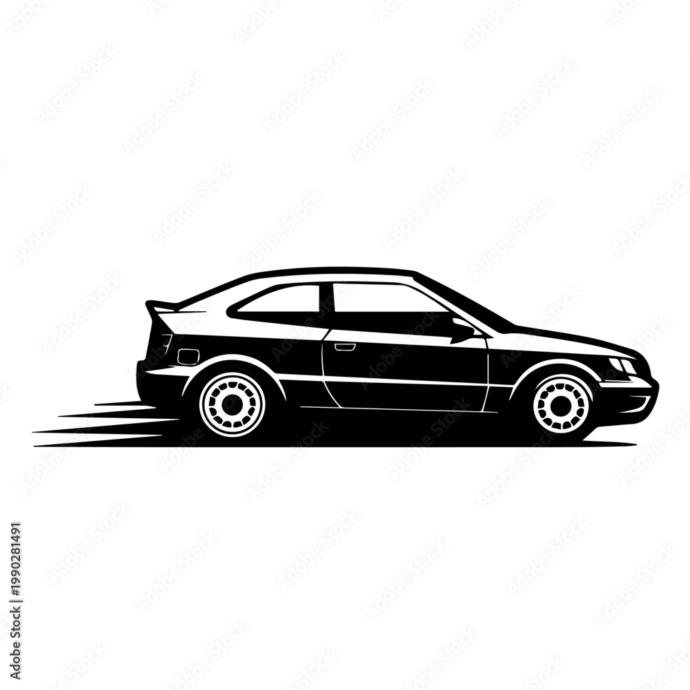Fototapeta premium A sleek monochrome illustration showcases a modern two-door car in motion from a side profile, with speed lines trailing behind to emphasize its velocity.