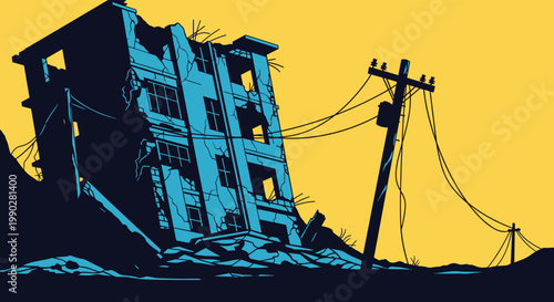 Stark silhouette of a ruined apartment building and a leaning power line pole against a bright yellow background sky.