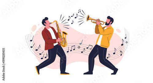 Two men passionately playing a saxophone and a trumpet surrounded by floating musical notes in a lively performance.