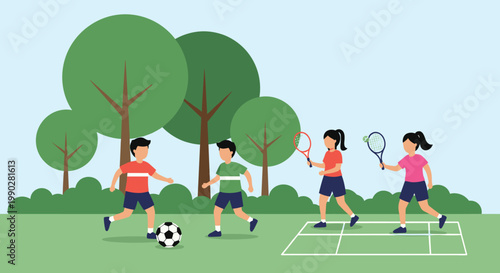 Group of active children playing soccer and tennis outdoors in a green park with trees on a clear beautiful sunny day.