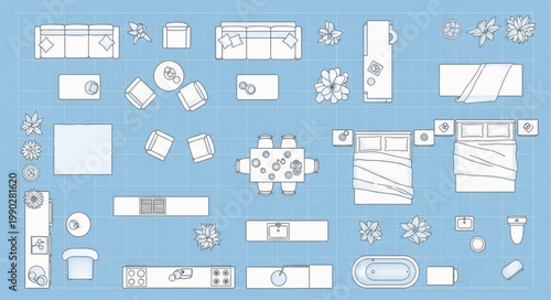 Top down view of a floor plan with furniture layouts.