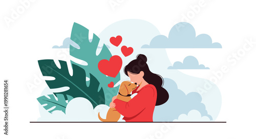 Caring young woman tenderly hugging her cute puppy with floating red hearts in a peaceful and soft outdoor setting background.