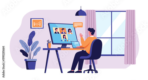 Professional man working from a home office while participating in a remote video conference meeting on a large computer monitor.