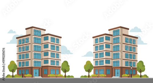 Pair of modern multi story residential apartment buildings with large glass windows and green trees in an urban cityscape.