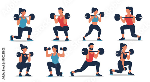 Collection of male and female fitness characters performing various weightlifting exercises with barbells and dumbbells.